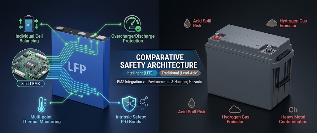Đồ họa th&ocirc;ng tin kỹ thuật so s&aacute;nh độ an to&agrave;n nội tại của pin LiFePO4 v&agrave; t&iacute;ch hợp BMS th&ocirc;ng minh với c&aacute;c mối nguy hiểm từ pin axit ch&igrave; như tr&agrave;n axit v&agrave; kh&iacute; hydro.